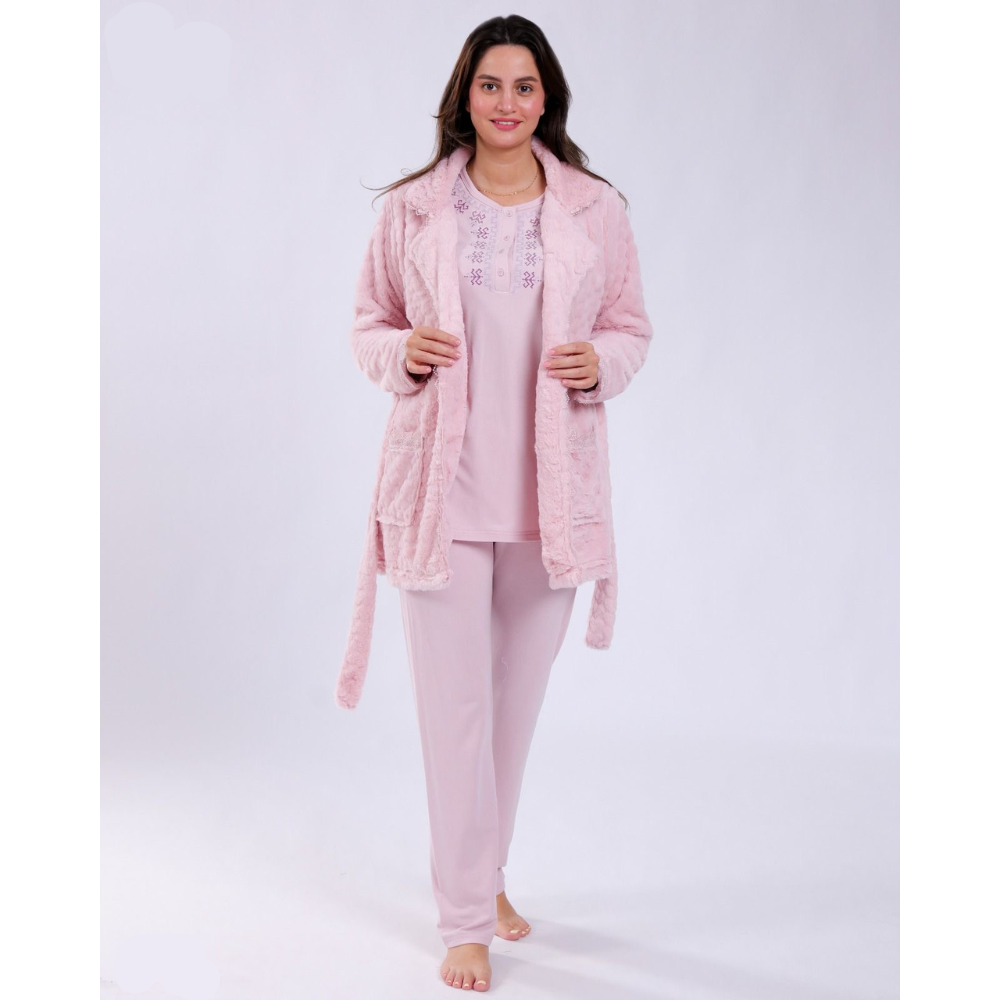 Ensemble pyjama femme 3 pièces – Rose doux avec peignoir