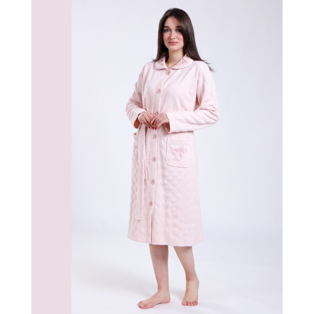 Robe de Chambre Matelassée Femme – Rose Poudré avec Broderie