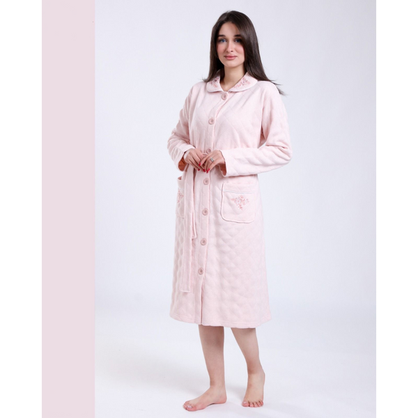 Robe de Chambre Matelassée Femme – Rose Poudré avec Broderie