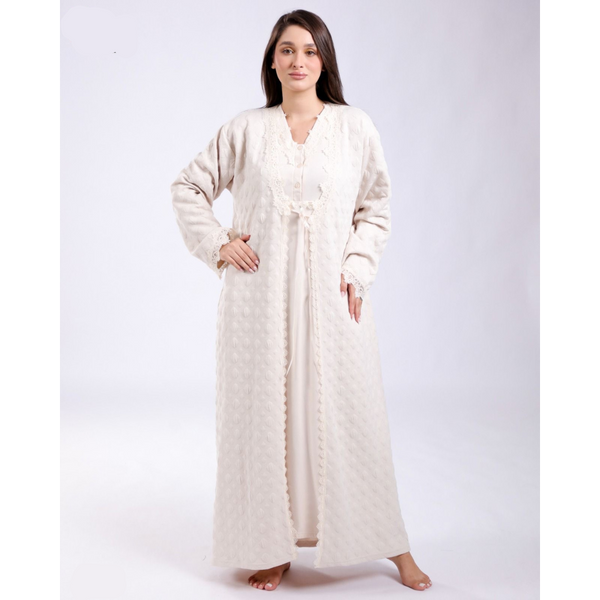 Ensemble Pyjama &amp; Robe de Chambre Femme – Crème Écru Élégant